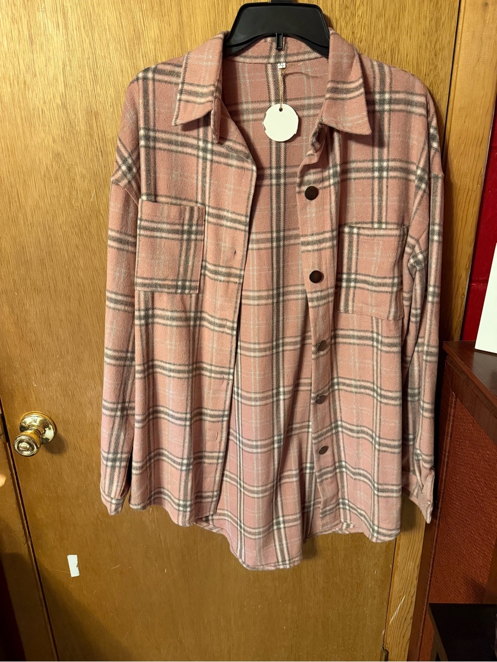 Plaid Shacket in Dusty Pink - Women's Lightweight Button-Up Jacket
